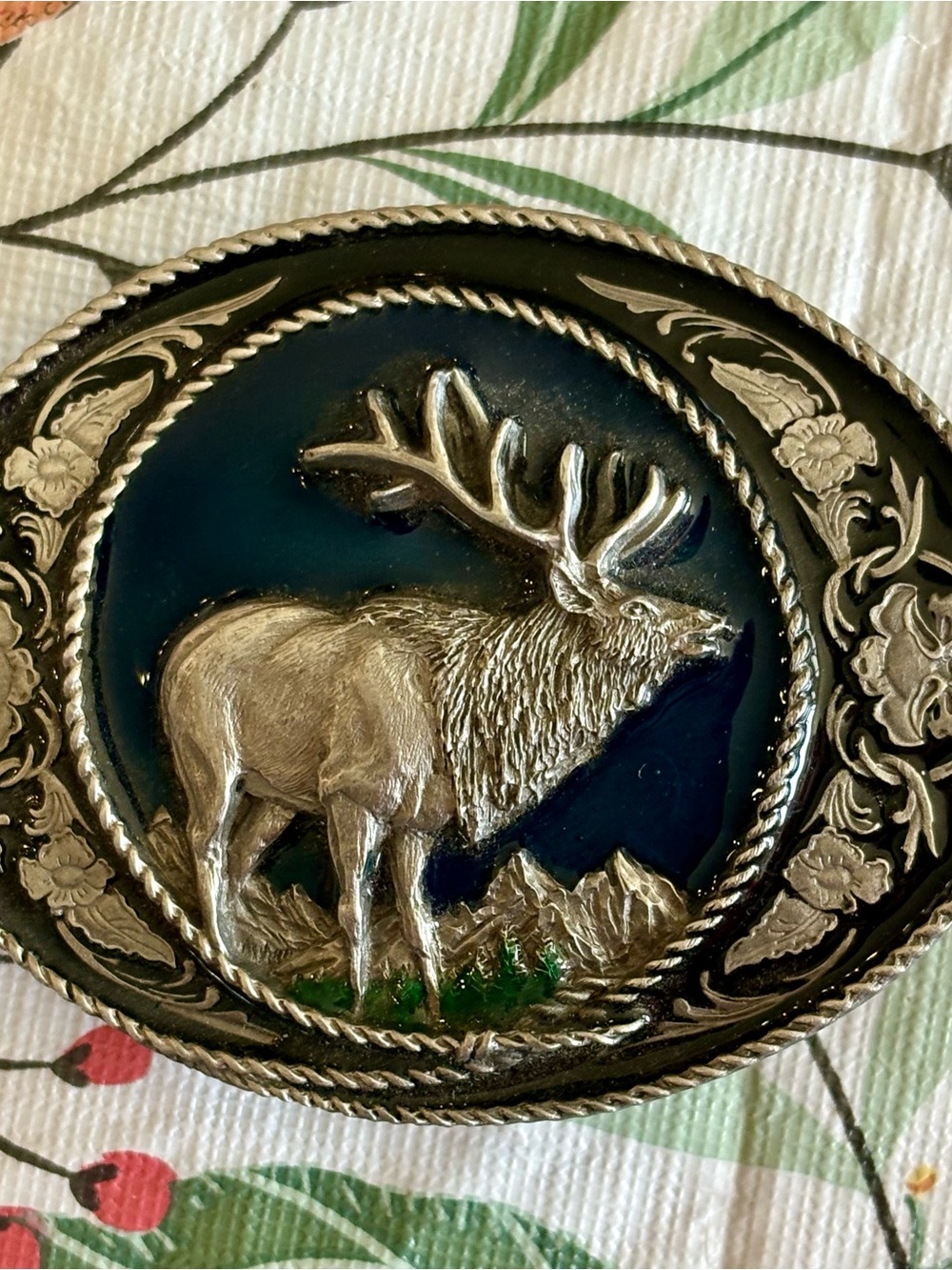Vtg 1991 Siskyou Belt Buckle Bull Elk Blue Sky Green Trees Bergamot Brass Works